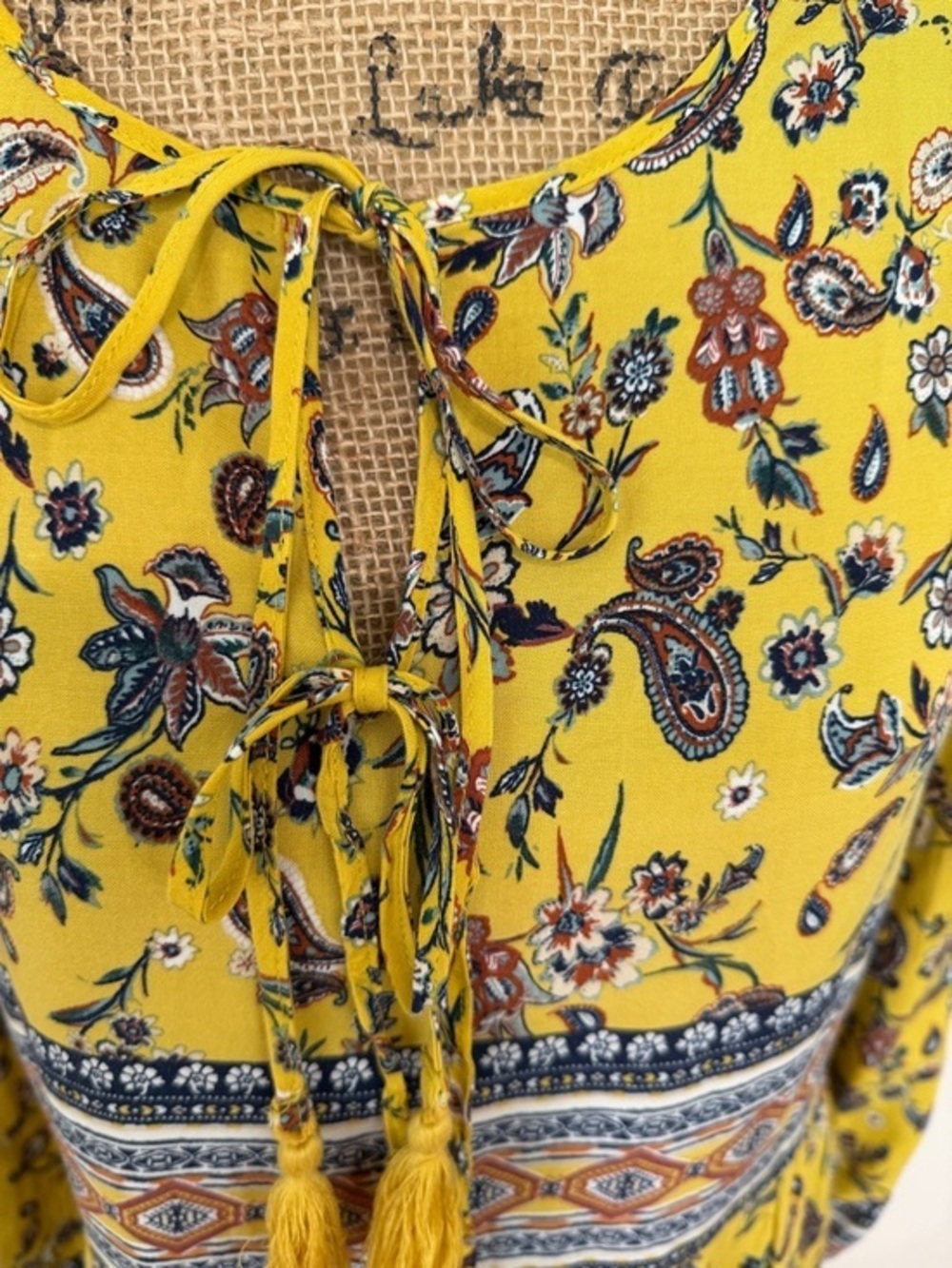 Yellow Boho Floral Tassel Midi Dress Cottagecore